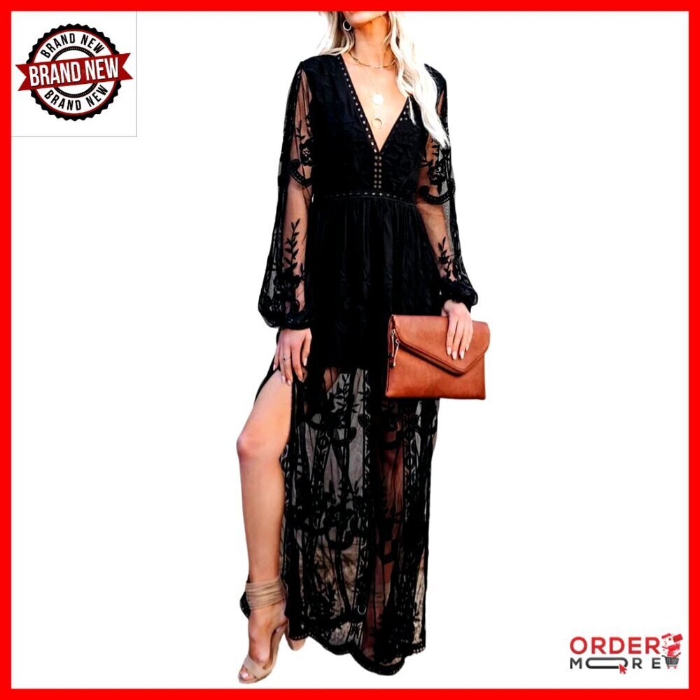 V Neck Floral Embroidered Lace Maxi Dress Boho Elegant Formal Evening Wear